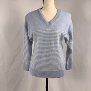 Banana Republic 100% Cashmere Sweater Womens S Blue with White Striped V-Neck